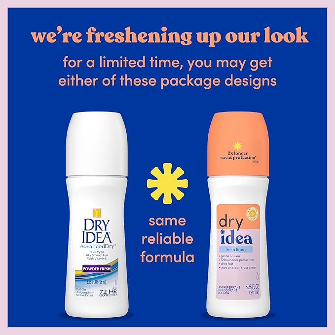 Dry Idea Fresh Linen Scent Roll On Deodorant & Antiperspirant for Women - Gentle on Sensitive Skin, 2X Longer Sweat Protection, 72Hr Sweat & Odor Protection, Womens Deodorant, 3.25oz (6 Pack)