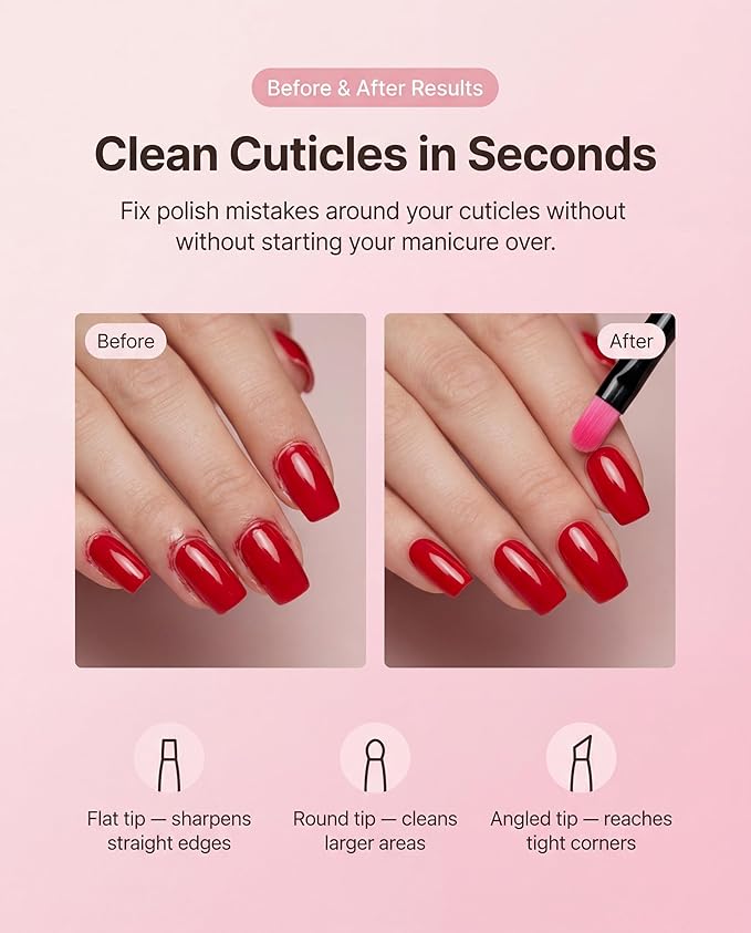 3PCS Nail Clean-Up Brushes, Round/Angled/Flat, Acetone-Resistant Cuticle Polish Remover for Nail Art & Manicures（Rose Red）