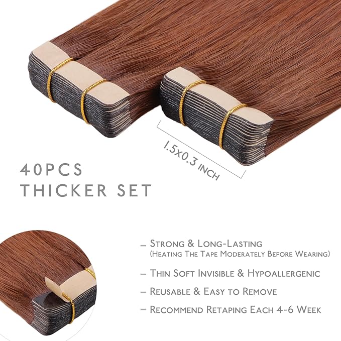 WENNALIFE Tape in Hair Extensions Human Hair, 40pcs 60g 10 inch Dark Auburn Copper Hair Extensions Real Human Hair Straight Tape in Extensions Invisible Human Hair Extensions Reusable Real Hair Extens