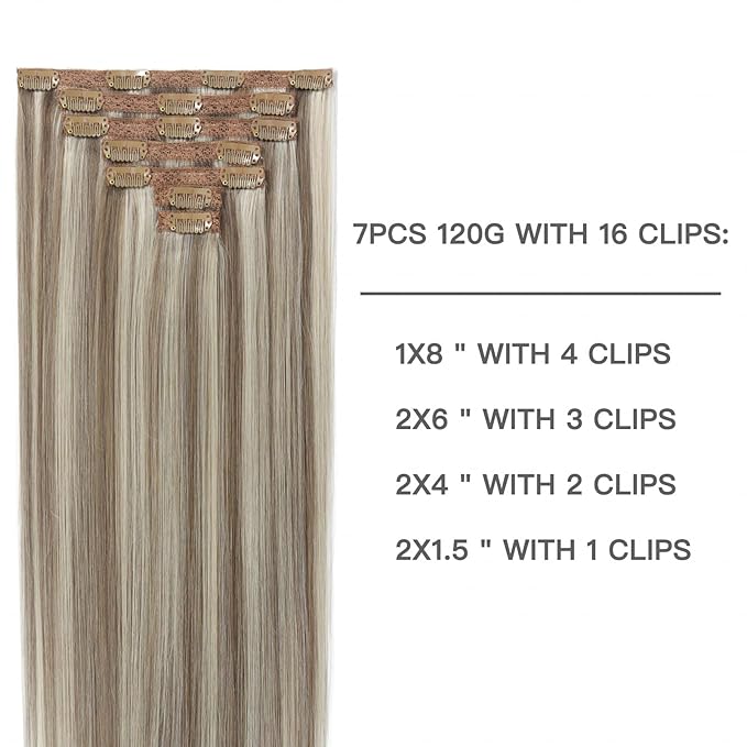 Clip in Real Human Hair Ash Brown Highlights Platinum Blonde Remy Hair Extensions Lace Weft Clip In Extensions 120G 18inch 7Pcs