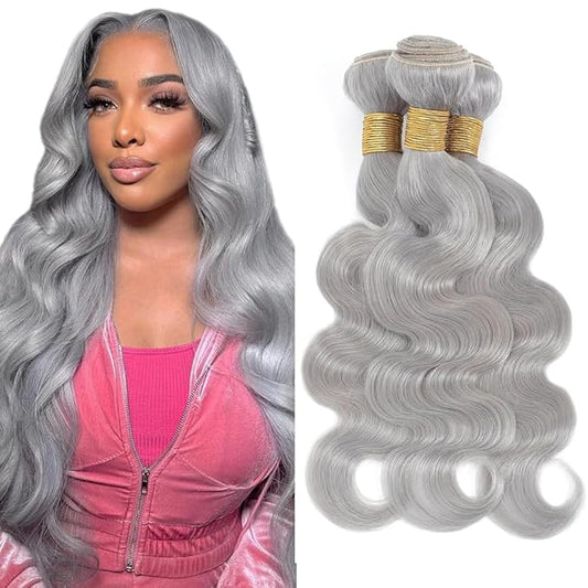 Grey Human Hair Bundles Grey Body Wave Bundle Silver Hair Weave Mixed Length 3 Bundles 20 22 24 inch Double Weft Hair Extensions