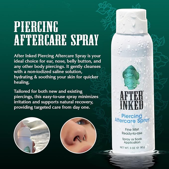 After Inked Piercing Aftercare Spray – Fine Mist, or Soak Application with Saline Solution for Ear, Nose, Belly Button, and Skin Piercings, Cleansing & Moisturizing Solution in Spray Bottle, 3 oz