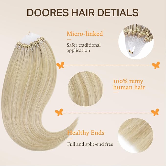 DOORES Microlinks Remy Hair Extensions, Dark Blonde Highlighted Bleach Blonde 16 Inch 50g/50s, Straight Real Human Hair Extensions, Bead Hair Extensions