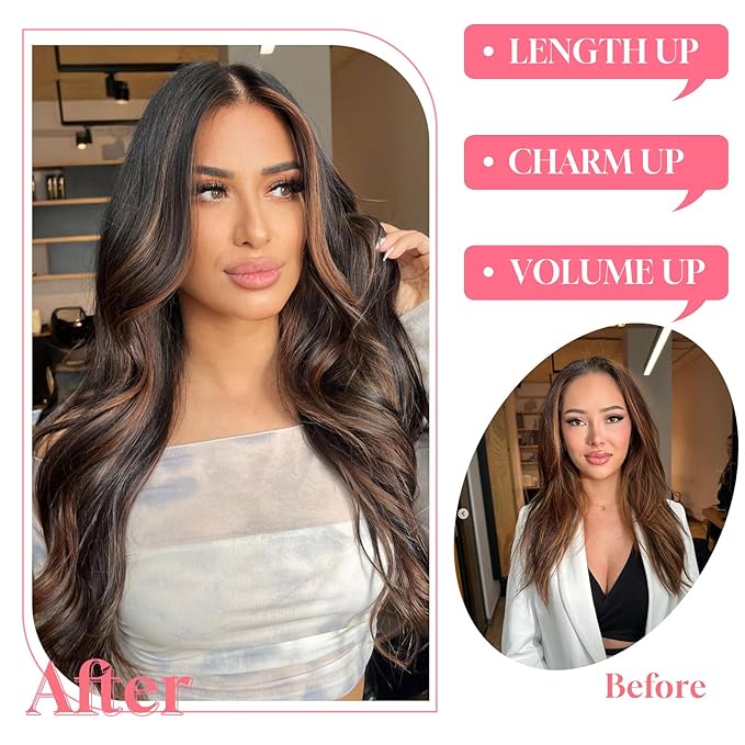 Vigorous Clip in Hair Extensions 20 Inch Black mix Brown Hair Extension 4Pcs Long Wavy Soft Synthetic Hairpieces for Women