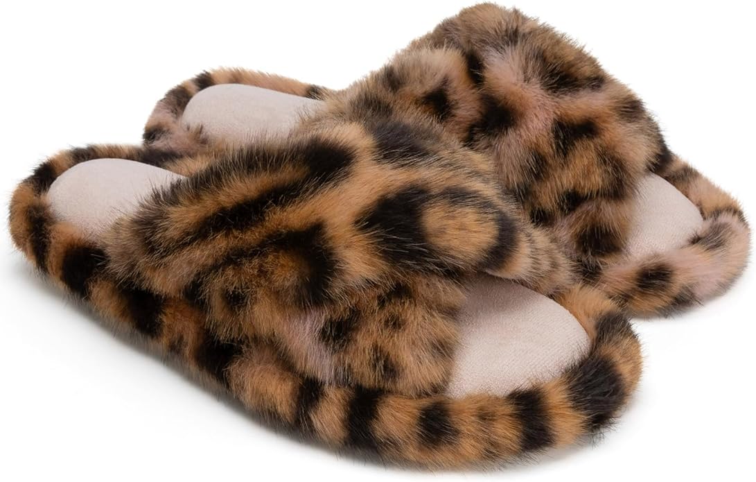 Chantomoo Womens Slippers Memory Foam Fuzzy Cross Band Faux Fur Slippers for Women Gift