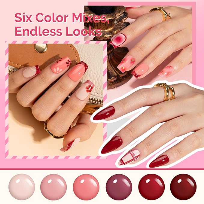 MelodySusie Highly Pigmented Gel Nail Polish Set, 0.56 fl.oz Tilt-and-Stand Bottle, HEMA Free Plant-Based Formula, 6 Colors Crimberry Spark, Soak Off UV LED Manicure Kit Gift Box(Cherry Burgundy Red)