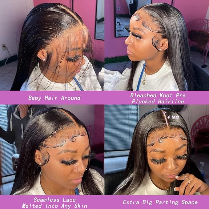 13x6 Lace Front Wigs Human Hair Pre Plucked with Baby Hair 180% Density Straight HD Transparent Lace Frontal Glueless Wigs for Black Women Human Hair Bleached Knots No Shedding Full And Thick 24 Inch