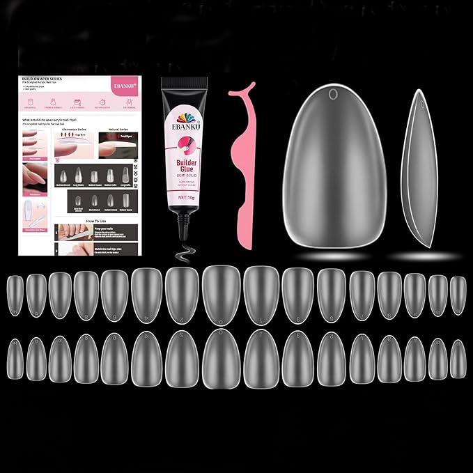 EBANKU Build on Apex Natural Nail Tips, 16 Sizes 160 PCS Short Almond Clear Acrylic Full Cover Press on Nail Tips with Builder Glue, Pre-applied Tip Primer & Base Coat