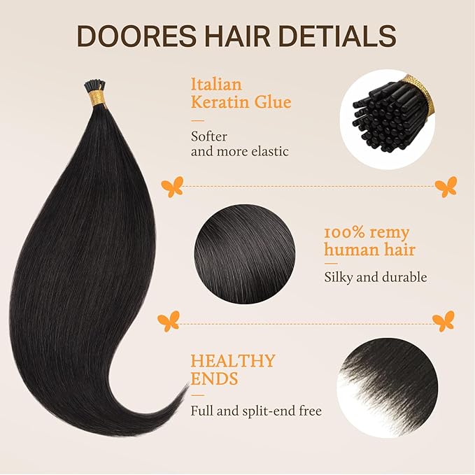 DOORES I Tip Hair Extensions, Natural Black 50g/50s 24 Inch, Remy Hair Extensions, Invisible I Tips, Straight, Cold Fusion