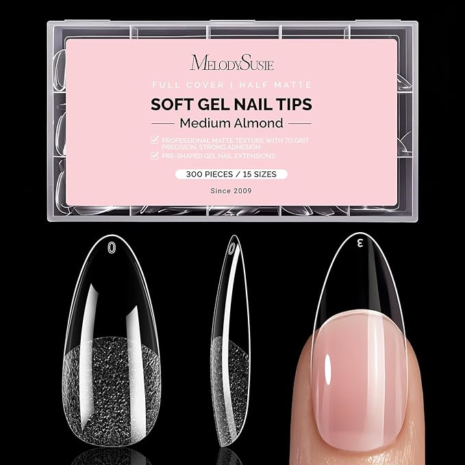 MelodySusie Medium Almond X Nail Tips - 300Pcs 15Sizes Clear Acrylic, Half Matte Full Cover Press on Nails for DIY Extension&Salon Use, Pre-Shaped for Long-Lasting Manicure