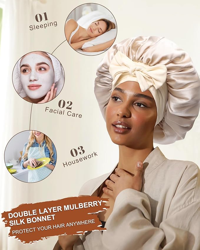 Mulberry Silk Bonnet Sleeping Women Curly Hair Bonnets Tie Band Double Layer Reversible Sleep Bonnet Silk Hair Wrap Sleep Cap
