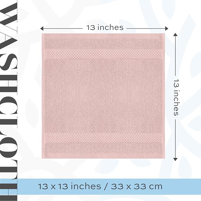 White Classic Luxury Cotton Washcloths 13x13 Inch - 650 GSM Turkish Cotton | Hotel, Spa, Bathroom Face Towel | 12 Pack, Pink