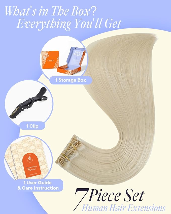 Full Shine Clip on Hair Extensions for Women Blonde 22 Inch 150 G Remy Blonde Human Hair Clip in Extensions 7 Pcs