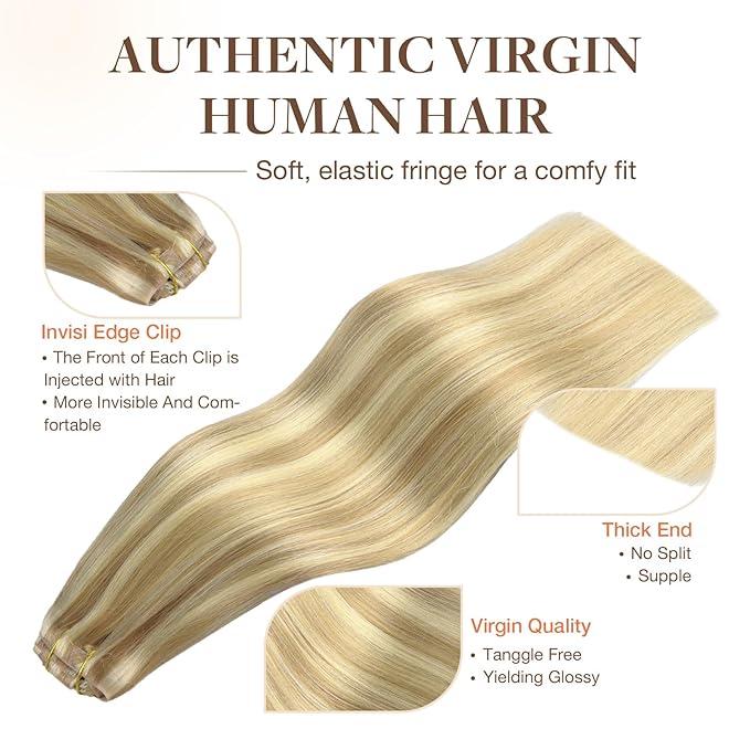 GOO GOO Invisi Edge Clip in Hair Extensions 18inch 140g 7Pcs Injected Seamless PU Clip in Hair Extensions, Virgin Real Human Hair, 16/22 Light Blonde Highlighted Golden Blonde