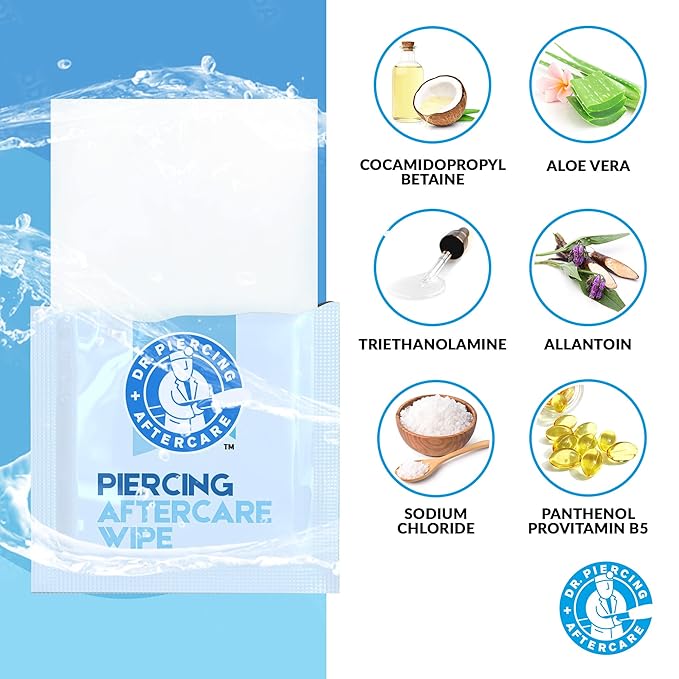 Dr. Piercing Aftercare Wipes – Piercing Aftercare | Saline Solution for Piercings - Keloid Bump Ear Piercing Cleaner – Ears Lips Belly Nose Piercing Bump - Piercing Hole Cleaner (100 Count)