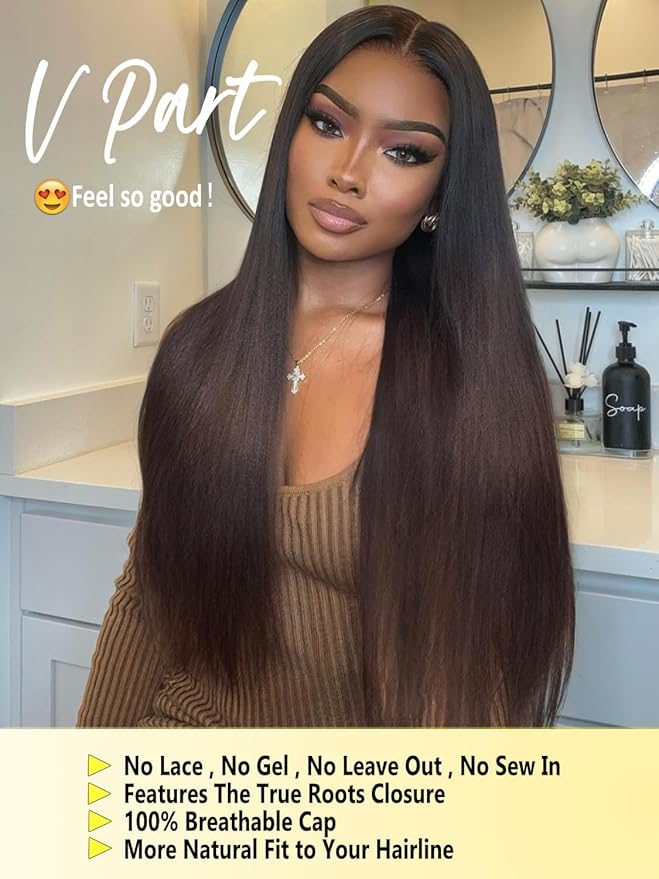 Sunber Ombre Chestnut Yaki Straight V Part Human Hair Glueless Wig Upgrade U Part Wig No Leave Out Vpart light yaki straight Machine Made Clip In Half Wigs No Leave Out Real Scalp V Shape 20Inch