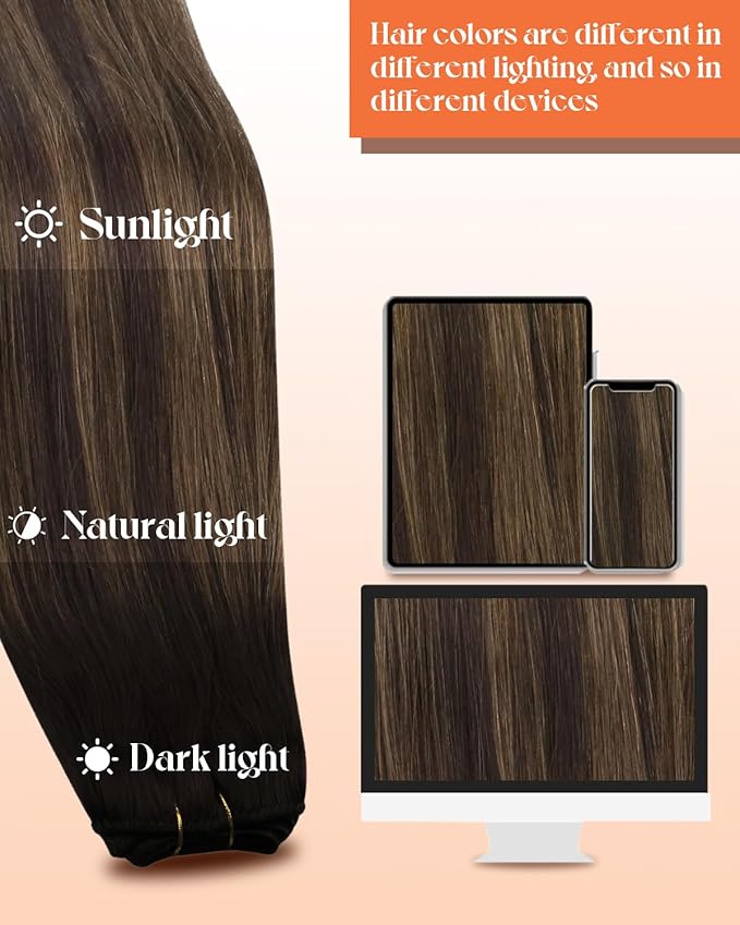 Sunny Hair Sew in Hair Extensions Real Human Hair Brown Balayage Weft Hair Extensions Human Hair Dark Brown Balayage Light Brown Human Hair Weft Extensions All Day Wear 16inch 100g