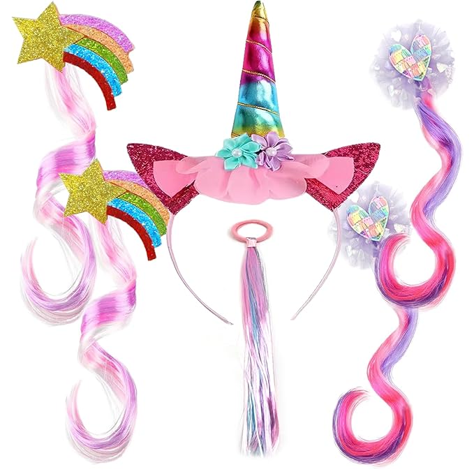 Jomi & Jolly 6 PCS Hair Accessories Set for Girls, Little Girl Colored Hair Tinsel Clips in Extensions, Princess Dress up Wigs, Cute Gifts and Costume Accessories for Little Princess (Unicorn)
