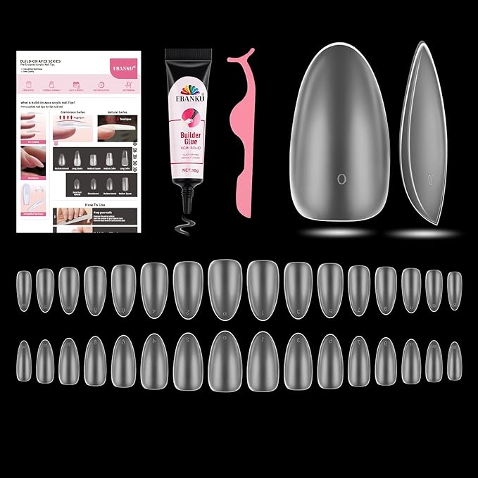 EBANKU Build on Apex Natural Nail Tips, 16 Sizes 160 PCS Middle Almond Clear Acrylic Full Cover Press on Nail Tips with Builder Glue, Pre-applied Tip Primer & Base Coat