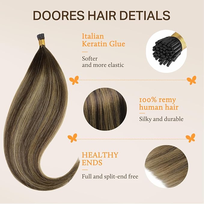 DOORES I Tip Hair Extensions, Balayage Chocolate Brown to Caramel Blonde 50g/50s 22 Inch, Remy Human Hair Extensions Itip Human Hair Extensions Cold Fusion Hair Extensions Straight Hair Extensions