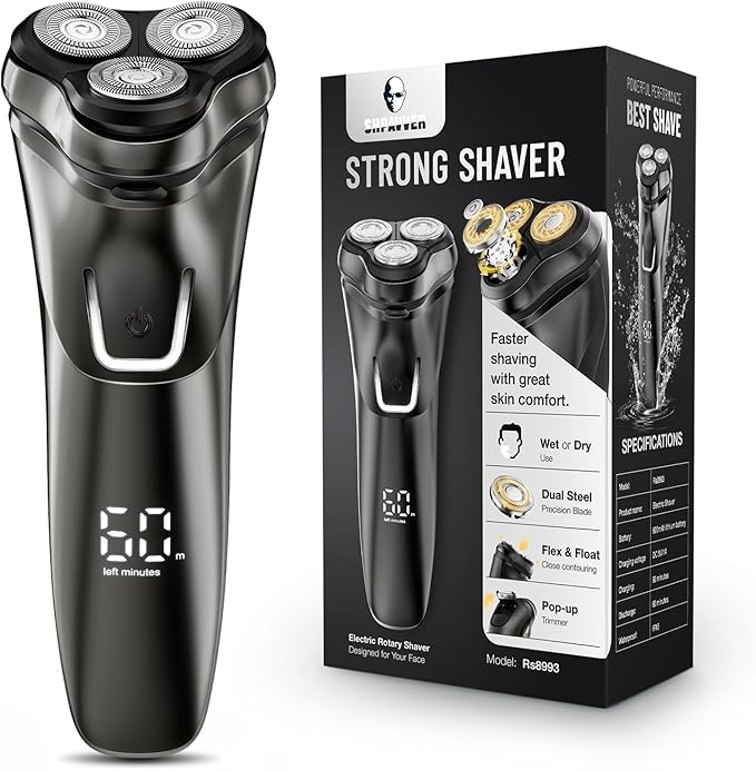 Electric Razor for Men Cordless: Wet/Dry Rotary Shaver Waterproof - USB Fast Charging & Sensitive Skin Care - Pop up Trimmer & Precision Blades Luxury Black Upgraded