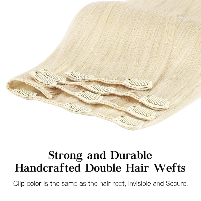 HOTBANANA Human Hair Clip in Hair Extensions, Platinum Blonde 120g Clip in Hair Extensions Real Human Hair Straight Remy Hair Clip Ins 14 Inch 7pcs