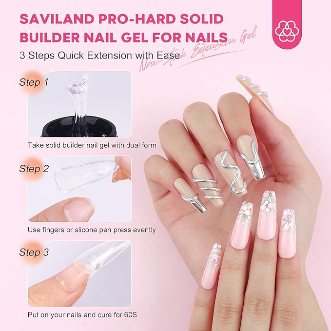 SAVILAND PRO-Hard Solid Builder Nail Gel for Nails: 2024 Ultra-Strength | Non-Sticky | Clear 3D Nail Gel with U V Lamp for 3D Nail Carving Emboss & Fast Extension Professional Use Salon