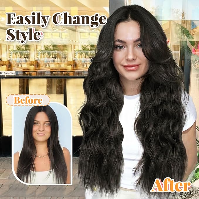 ALXNAN Clip in Long Wavy Synthetic Hair Extension 20 Inch Black Brown 4PCS Thick Hairpieces Fiber Double Weft Hair for Women