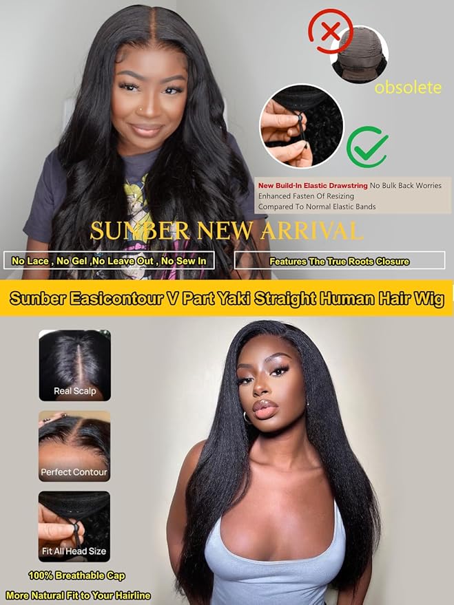 Sunber EasiContour Yaki Straight V Part Human Hair Glueless Wigs with Drawstring No Leave Out No Gel 180% Density Vpart light yaki straight Clip In Half Wigs No Leave Out Real Scalp V Shape 26Inch