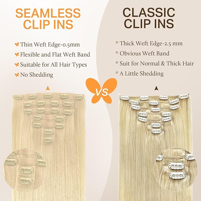 DOORES Hair Extensions, Bleach Blonde 14 Inch 7pcs 110g, Clip in Hair Extensions Seamless Clip ins Remy Invisi Edge