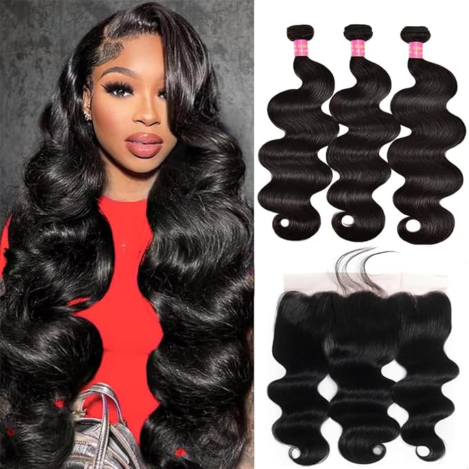 12A Body Wave 3 Bundles with Frontal Human Hair Bundles with 13x4 Lace Frontal (20 22 24+18 Inch) Brazilian Body Wave Hair Virgin Hair Ear to Ear 13x4 Frontal Natural Black