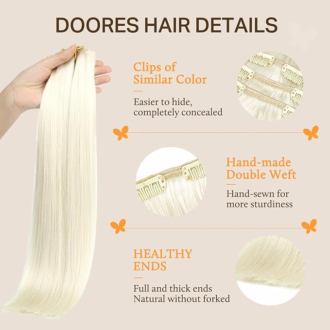 DOORES Human Hair Extensions Clip in, White Blonde 120g 7pcs 16 Inch, Remy Clip in Hair Extensions for Women Natural Thick Weft