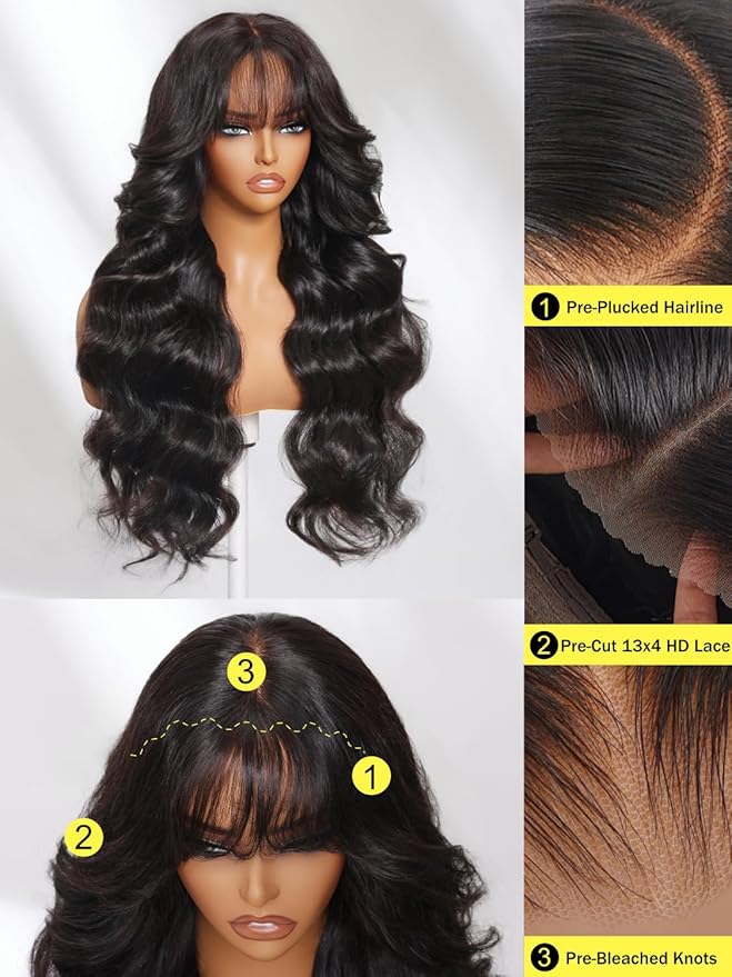 Sunber Put On and Go Glueless Wigs Pre Plucked Pre Bleached Human Hair Loose Wace With Curtain Bangs Bye Bye Knots Pre Cut Lace 13X4 HD Lace Front Wig 20Inch