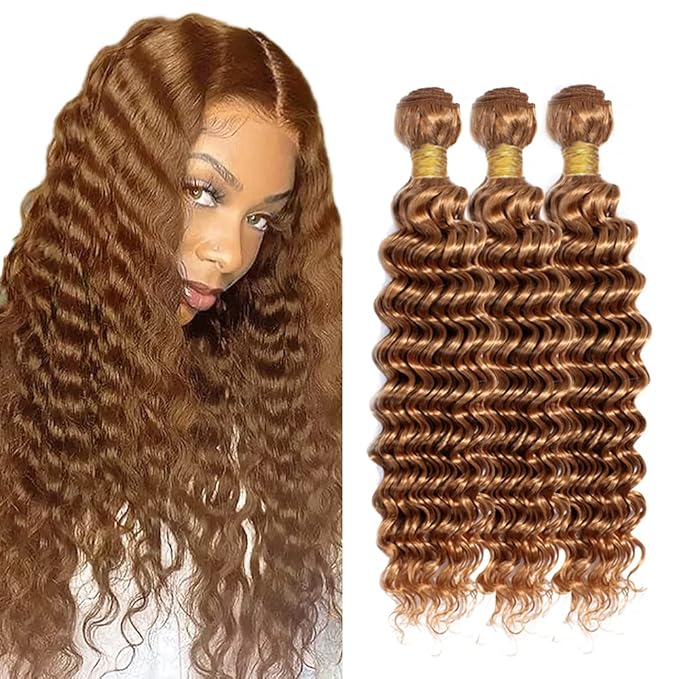 12 14 16 Inch Brown Bundles Human Hair #30 Dark Brown Deep Wave 3 Bundle Unprocessed Brazilian virgin hair Weave Extensions Double Weft 50 Grams/Bundle Colored Brown Bundles for Woman