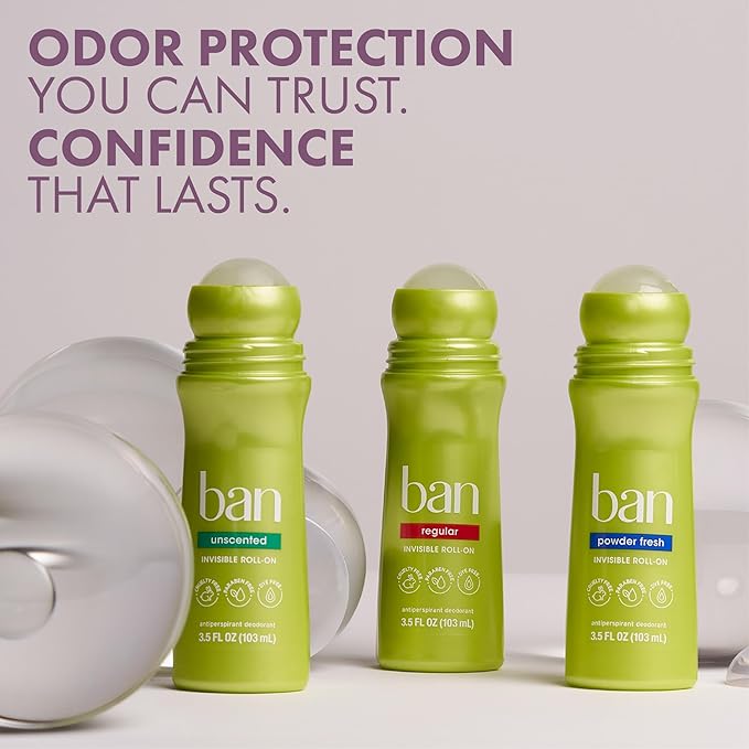Ban Invisible Roll-on Antiperspirant Deodorant for Women and Men, 24-hour Underarm Odor & Sweat Protection, Satin Breeze, 3.5 Oz, Pack of 4