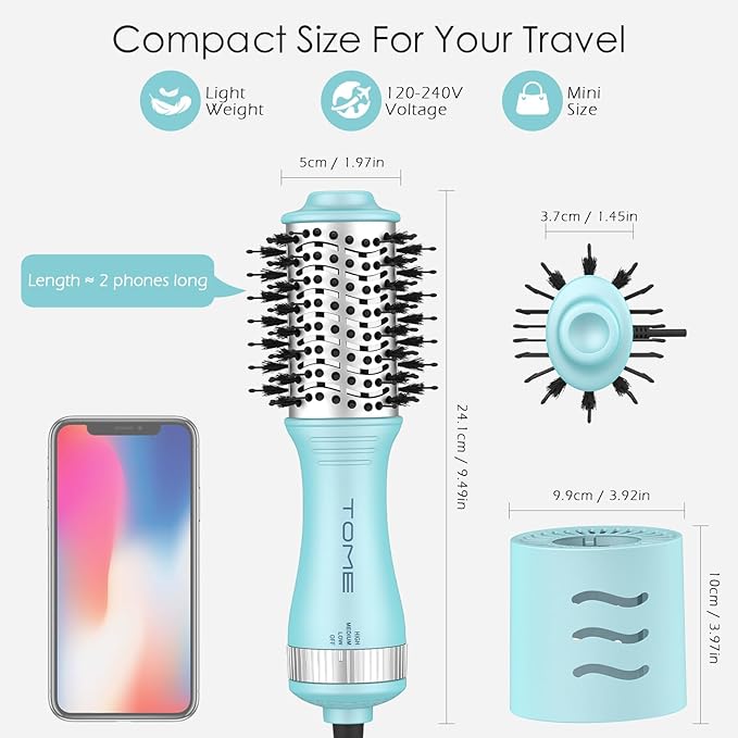 Travel Hair Dryer Brush, Dual Voltage Blow Dryer Brush, Mini Hot Air Portable 2 inch Travel Hair Dryer Styler Volumizer Oval Shape (Blue)