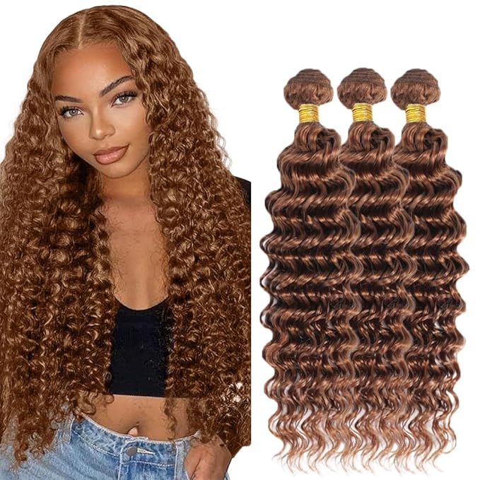 16 18 20 Inch Brown Bundles Human Hair #30 Dark Brown Deep Wave 3 Bundle Unprocessed Brazilian virgin hair Weave Extensions Double Weft 50 Grams/Bundle Colored Brown Bundles for Woman