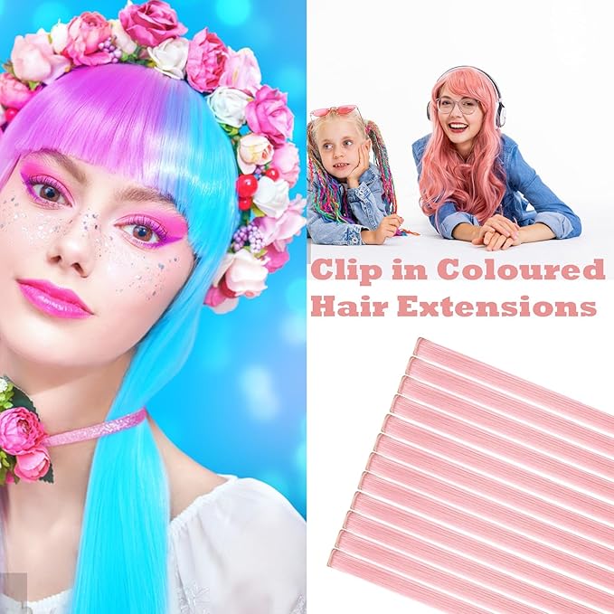 12 PCS Pink Hair Extensions Clip in, 22" Colored Highlights, Synthetic Straight Hair Piece DIY Accessories for Daily Party