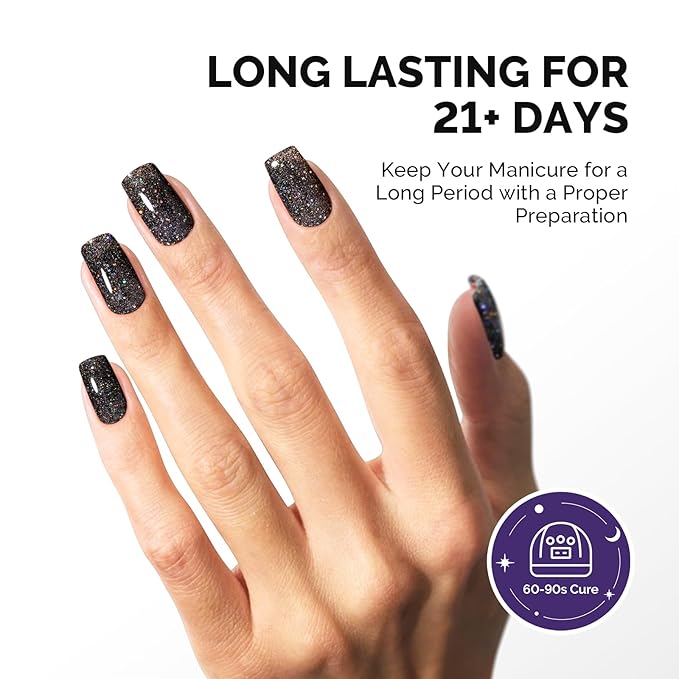 MelodySusie Galaliver Black Glitter Gel Nail Polish, 15ML Sparkly Shimmer Black Gel Polish Soak Off UV LED Cured Long Lasting Gift for Women DIY Nail Design Nail Art Manicure X10