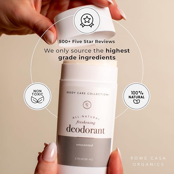 Rowe Casa Organics Unscented Natural Deodorant for Men and Women, Fragrance-Free and Paraben-Free Deodorant Stick with Therapeutic-Grade Essential Oils, 2 oz