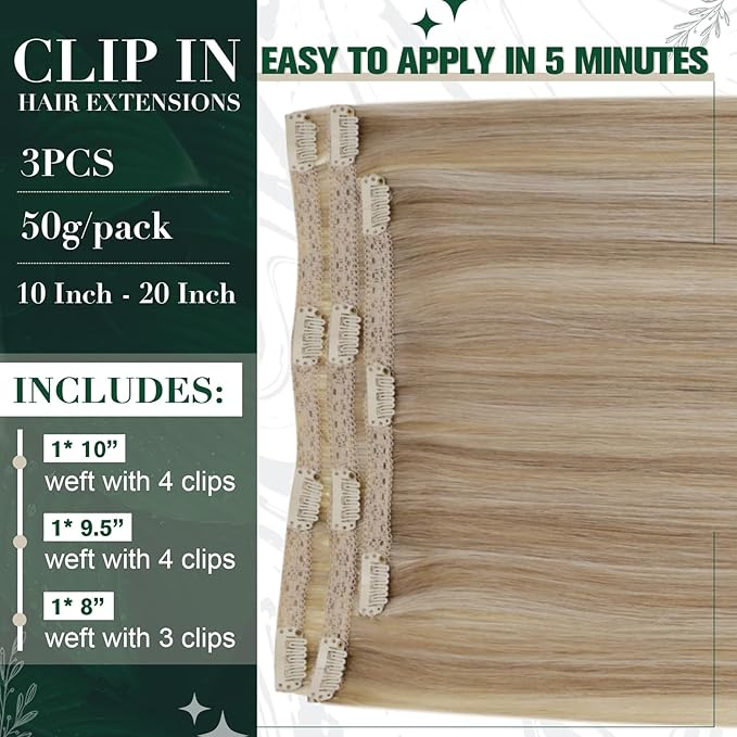 RUNATURE Clip in Hair Extensions Real Human Hair, Short Hair Extensions Clip Ins, Remy Human Hair for Women Double Weft 10 Inch 50g 3pcs #16P22 Dark Ash Blonde Highlight Light Blonde