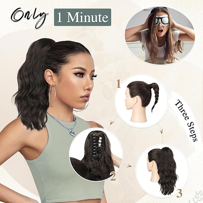 SOFEIYAN 14" Ponytail Extension, Short Wavy Claw Clip in Ponytail Hair Extension Synthetic Hairpieces Black/Chestnut Brown Mix Layered Natural Fluffy Curly Drawstring Ponytail Hair Piece for Women