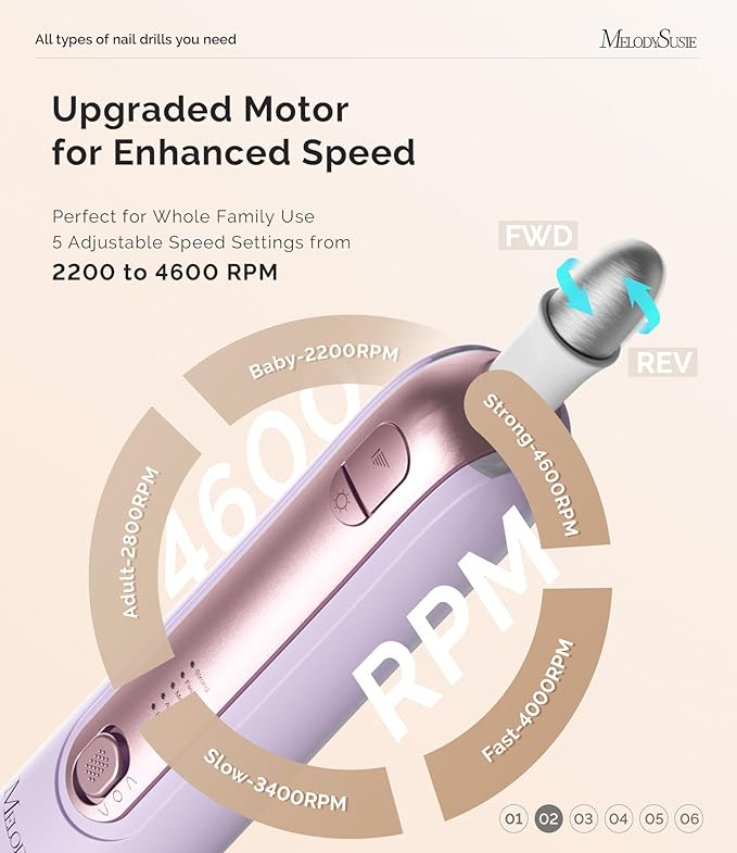 MelodySusie Cordless Pedicure & Manicure Nail Drill Kit, PC760G for Salon-Quality Foot Care for Home & Travel, Rechargeable with 5 Speeds, 8-in-1 Bits, 360° LED Light & Anti-Dust Shield, Purple