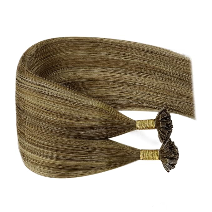 Fshine Nail Tip Hair Extensions Ombre 16 Inch K Tip Human Hair Extensions Brown Fading to Caramel Blonde and Dark Brown Balayage Remy Keratin Bondings Extensions 50g/50s