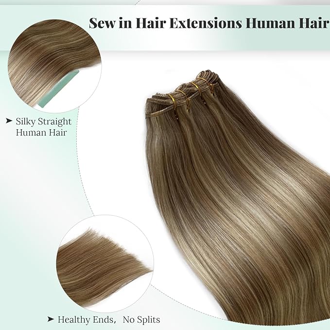 Sew in Hair Extensions Human Hair Ash Brown Mixed Blonde Weft Hair Extensions Highlight Real Human Hair Wefts 22 Inch 120G Straight Light Brown Remy Hair Bundles with Blonde Highlights Double Weft