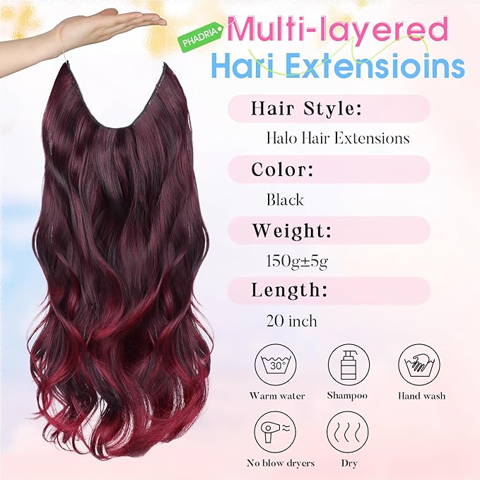 Invisible Wire Hair Extensions Layered Long Wavy Ombre Burgundy mix Black Hairpiece for Women Transparent Wire Adjustable Size 6 Secure Clips Invisible Headband Hair Extension 20 Inch