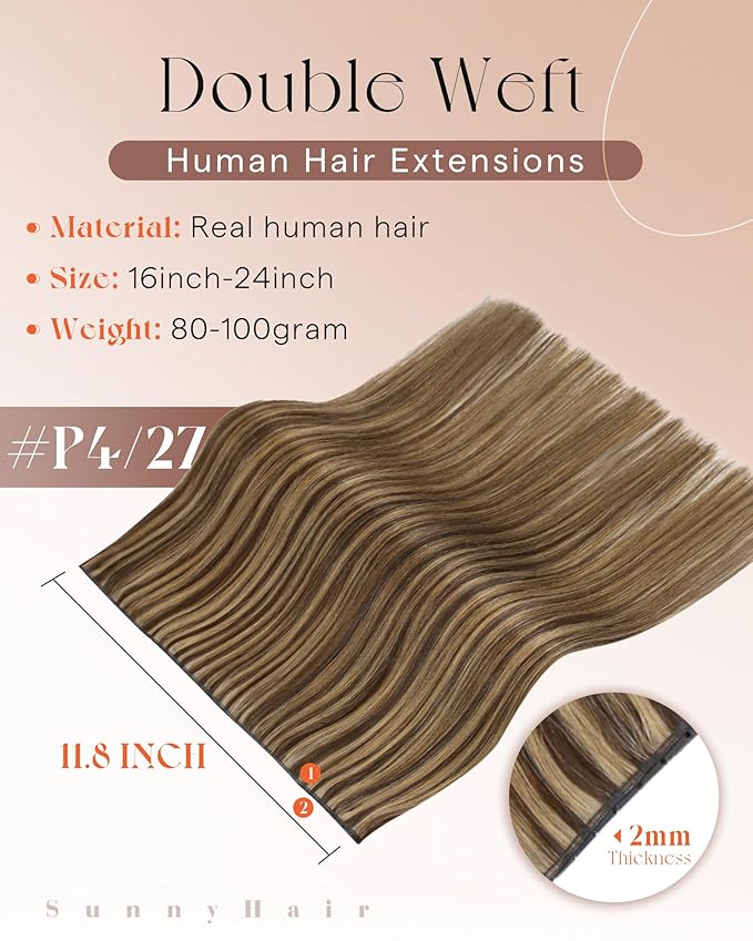 Sunny Hair Butterfly Hair Extensions Double Layered with Hole Butterfly Weft Extensions Human Hair Dark Brown Highlight Caramel Blonde 18 Inch 100G