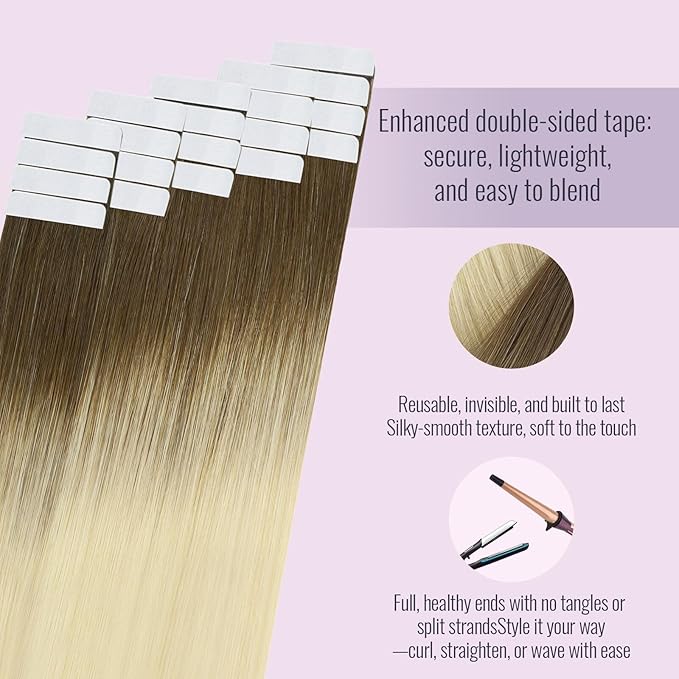 Fshine Tape Hair Extensions Human 12 Inch Balayage Ash Brown and Bleach Blonde Straight Hair Tape in Extensions Skin Weft 30 g 20 pcs,Perfect for Daily Wear,Designed to Boost Volume & Length