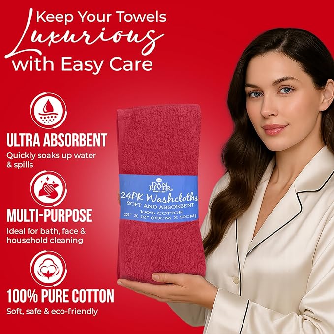 DAN RIVER 24 Pack Wash Cloths for Showering [12x12] - 100% Cotton Washcloths Premium Quality Flannel Face Cloths for Bathroom, Highly Absorbent and Soft Feel Wash Clothes, Red