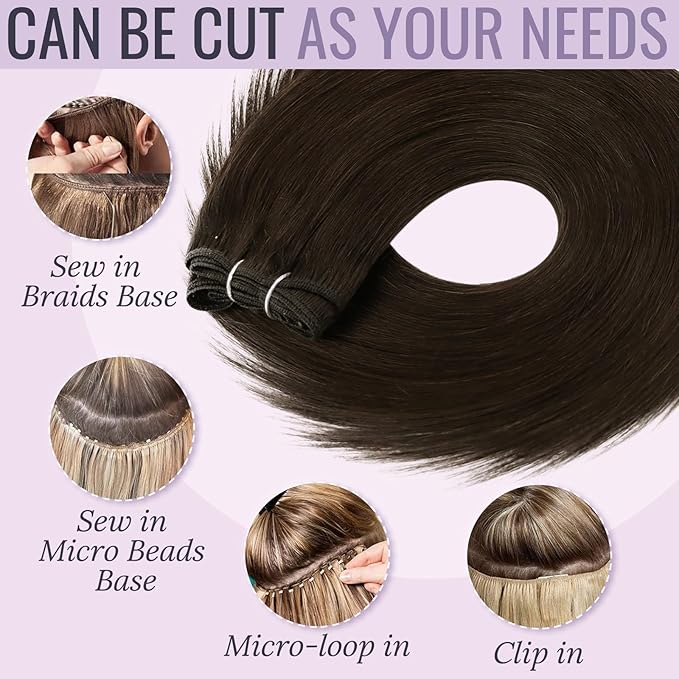 Fshine Hand Tied Weft Hair Extensions Real Human 12 inch 80 g Dark Brown Double Weft Full Head Sew in Remy Hair Weft Straight Bundles for Women Salon and Everyday Styling